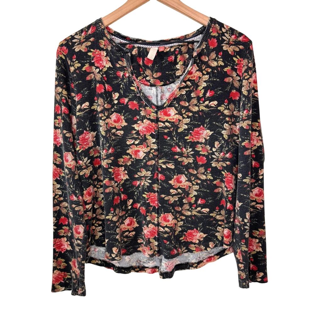 PILCRO Floral Thermal Top Women's L Black Floral Grunge Whimsigoth Romantic